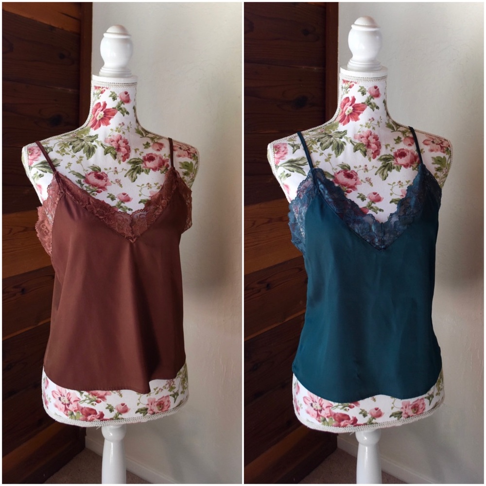F21 Lace Trim Silky Camis in Rust and Forest Green